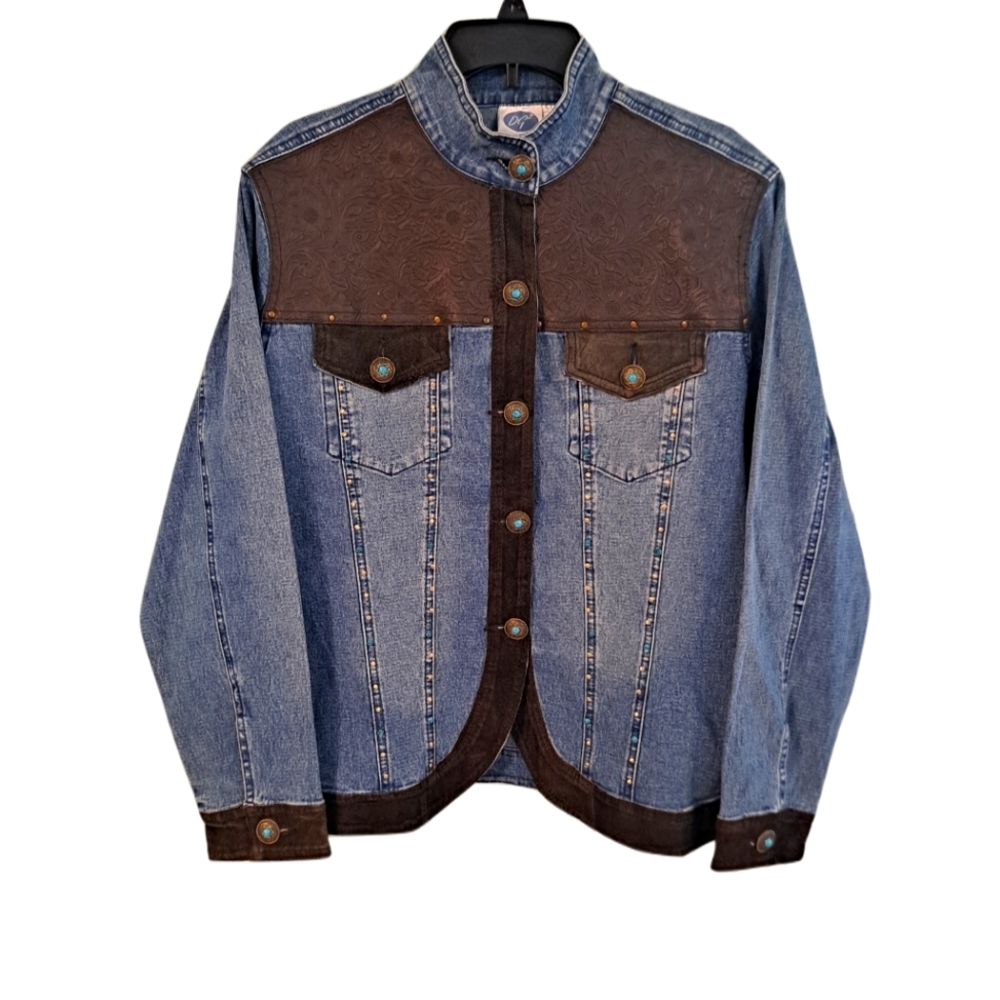 Vintage DG2 Western Jean Jacket with Suede Trim and Turquoise Buttons Sz. Large
